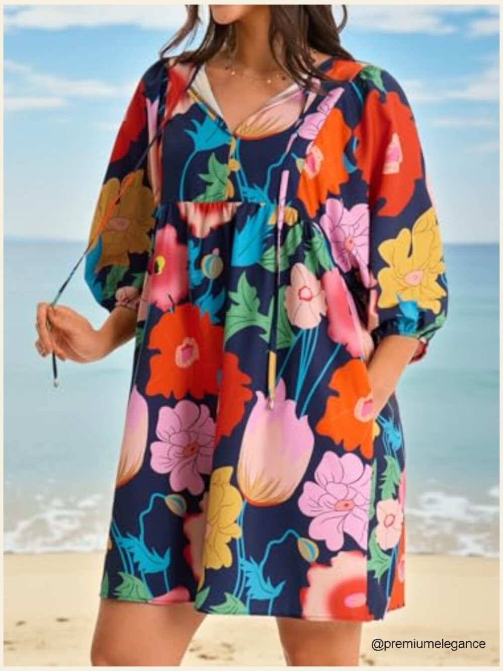 Floral Mini Babydoll Dress V Neck Puff Sleeve Loose Fit Boho Beach Sundress - Picture 2 of 7